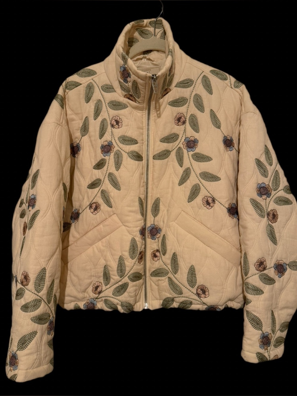 Blank NYC Cream Quilted Puffer Jacket with Floral Embroidery